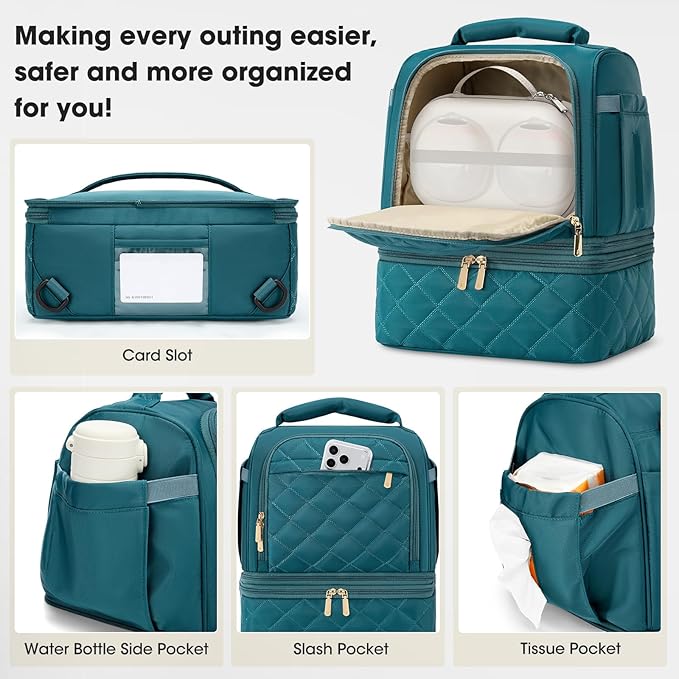 RAINSMORE Wearable Breast Pump Bag, Willow/Eufy/Elvie/Spectra/Medela/Momcozy M5/S12 Pro, Breast Milk Cooler Travel Bag with Cooler Compartment & Ice Pack, Dark Green