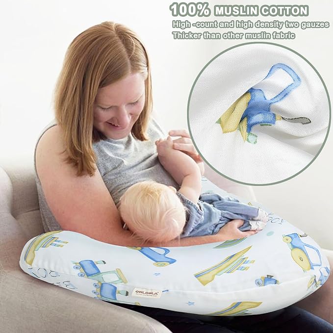 OWLOWLA Nursing Pillow Covers,Muslin Cotton Breastfeeding Pillow Covers for Nursing Pillow,Soft&Durable Nursing Cover Baby Boys Girls(Baby Boy&Dino)