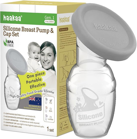 haakaa Manual Breast Pump Breastfeeding Pump with Food Grade Silicone Cap (Grey) 4oz/100ml