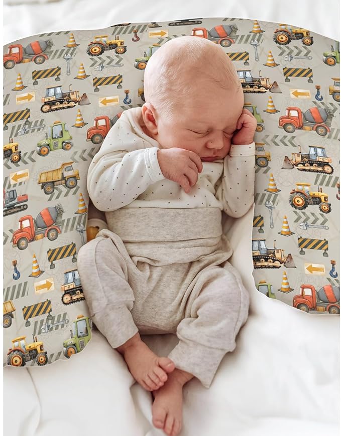 Construction Truck Vehicle Baby Nursing Pillow Covers for Boy Girl Excavator Tractor Digger Dump Truck Nursery Feeding Pillowcase for Breastfeeding Pillows Soft Stretchy Slipcovers for Newborn Infant