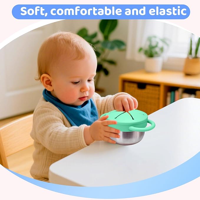 Palksky Toddler Snack Cups Stainless Steel for Kids, 2Pack 3-in-1 Snackle Containers with Spill-Proof Silicone Lids,Handles, Metal Baby Snack Box No-Spill for On-The-Go, Travel - Green and Blue