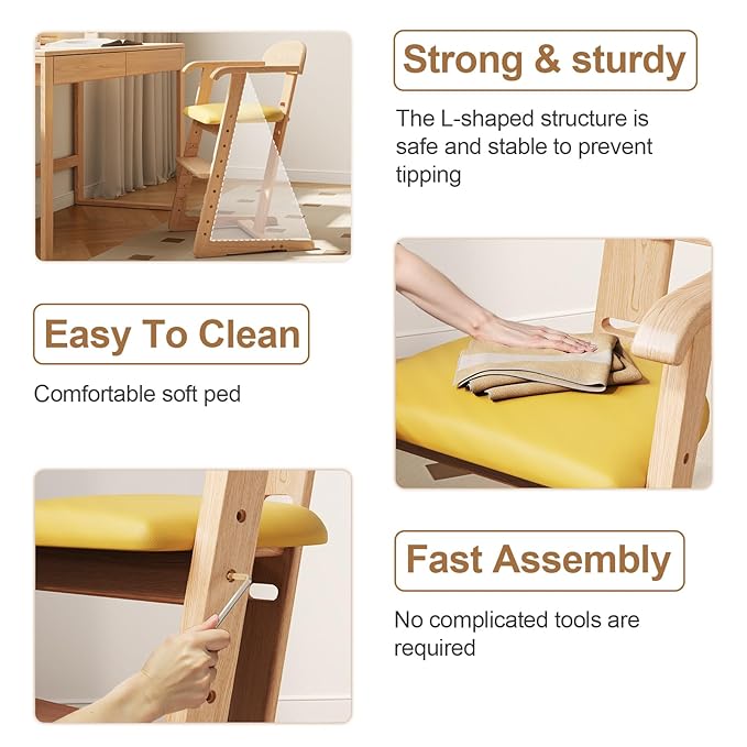 DOMGMUWUJEE Solid Wood Toddler Dining Chair - Adjustable Height Easy to Clean Toddler high Chair - Kids high Chair from 3 Years to 200 Lb, Grow with Child (Natural Yellow)