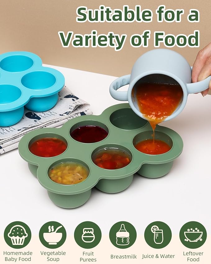 Baby Food Freezer Tray with Lid, 6 x 3 Ounce Silicone Freezer Molds Storage Container for Homemade Baby Food, Breast Milk, Fruit Puree & Vegetables (Green)