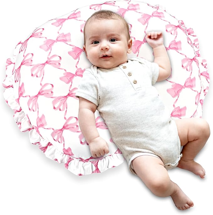 Ruffle Nursing Pillow Cover, Removable Stetchy Case for Breastfeeding Pillows, Ultra Soft and Breathable Feeding Pillow Slipcover with Modern Design Lace for Infant Girls Boys, Pink Bow