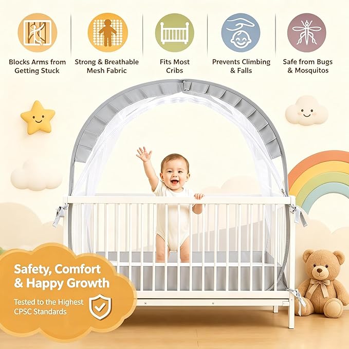 Lazyzzzz Crib Tent, Pop Up Mosquito Crib Net with Double Zipper Self-Locked,1200 Holes/Inch Mesh to Keep Baby from Climbing Out, Portable Easy Install Mosquito Net 55" L x 27" W x 51" H Grey