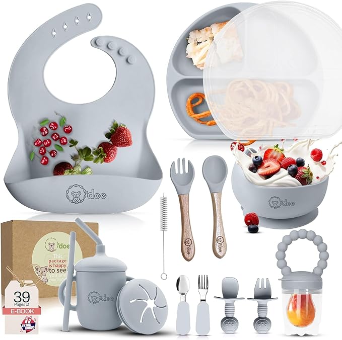 O'doe 17-Piece BPA-Free Silicone Baby Feeding Set | Thick & Soft Suction Plates, Baby Bowls, Wooden Fork & Spoon, and More | Make Mealtime Fun and Easy for Your Little One (Grey, V2)