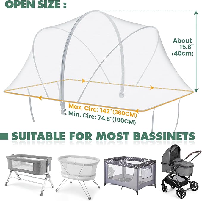 Orzbow Bassinet Cover for Cats - Breathable Mosquito Net Cover for Cradles/Travel Cribs/Mini Cribs, Baby Mosquito Net to Keep Pets Out, Baby Bassinet Accessories, Two-Way Self-Locking Zippers, White