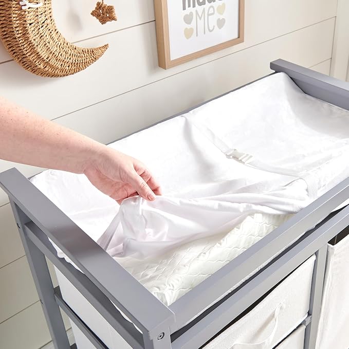 Badger Basket Waterproof Contoured Changing Table Pad for Babies – Non-Slip Base, Safety Strap, Removable Cover – White
