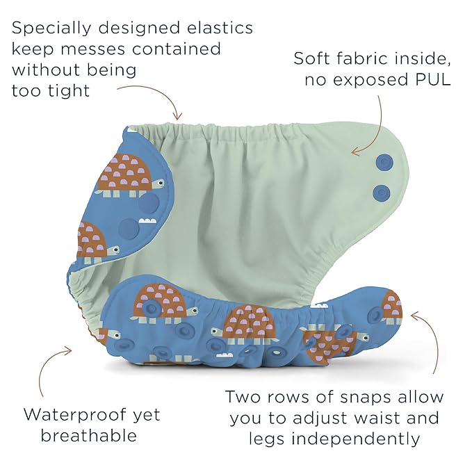 Esembly Cloth Diaper Bundle Set - 3 Organic Cotton Absorbent Inners and 1 Waterproof Outer Diaper Cover - Reusable, Washable, Snap Closure Cloth Diapers - Size 1 (7-17lbs), Turtles
