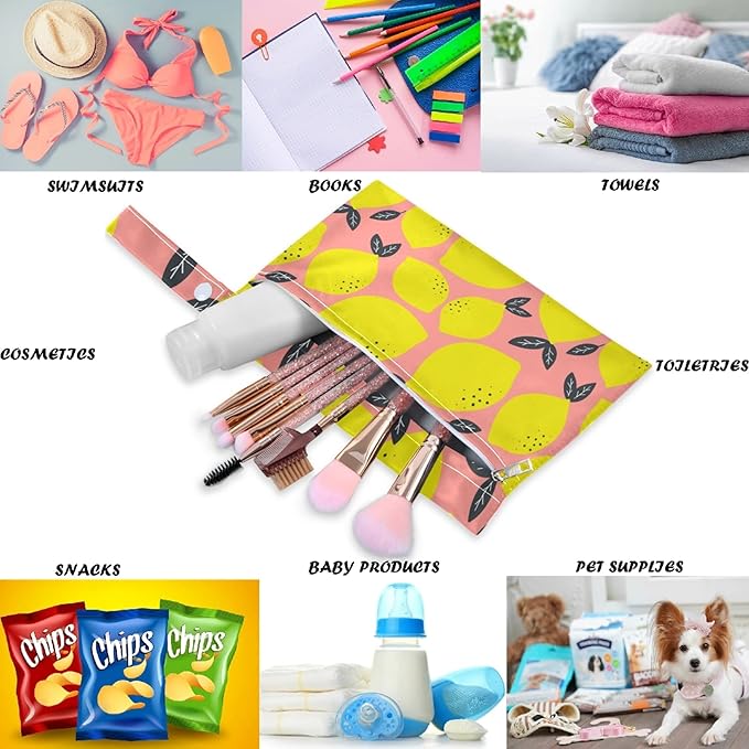 visesunny Cute Yellow Lemon Pink Pattern 2Pcs Wet Bag with Zippered Pockets Washable Reusable Roomy for Travel,Beach,Pool,Daycare,Stroller,Diapers,Dirty Gym Clothes, Wet Swimsuits, Toiletries