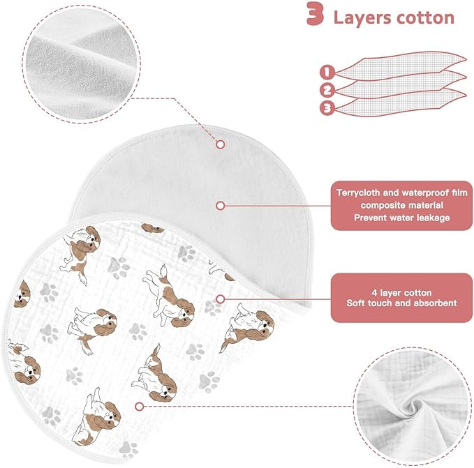 4 Pack Muslin Burp Cloths Cavalier Dogs Paw White Cotton Baby Burp Cloths Ultra Absorbent Burping Cloth Soft Spit Up Rags for Newborn Babies Boys Girls 22x11 Inch