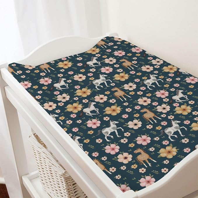 Watercolor Horse Boho Floral Changing Pad Cover Cute Horses Baby Diaper Change Table Pad Cover for Boys Girls Soft Breathable Stretch Snug Fitted Diaper Changing Mat Sheets Covers 32''x16'' Navy
