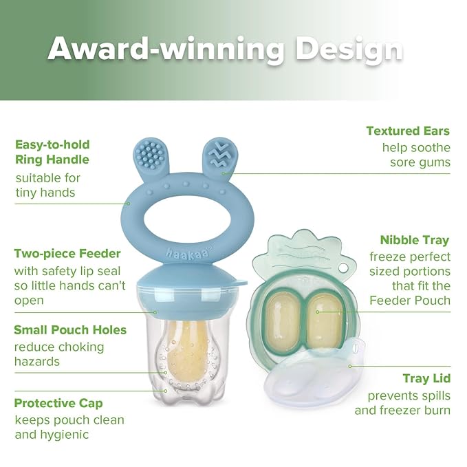 Haakaa Baby Fruit Food Feeder & Mini Freezer Nibble Tray Combo, Breastmilk Popsicle Molds for Baby Cooling Relief, BPA Free Silicone Feeder for Safe Infant Self Feeding, 4 Month+ (Sky Blue)