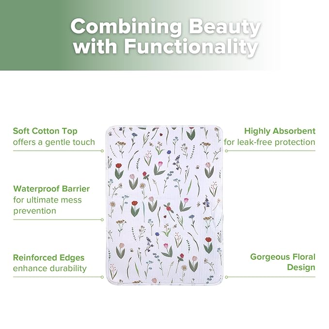 haakaa Waterproof Changing Pad Liners, 100% Cotton, Soft & Breathable (1pc, 19.5" x 27.5" Honey Blossom)