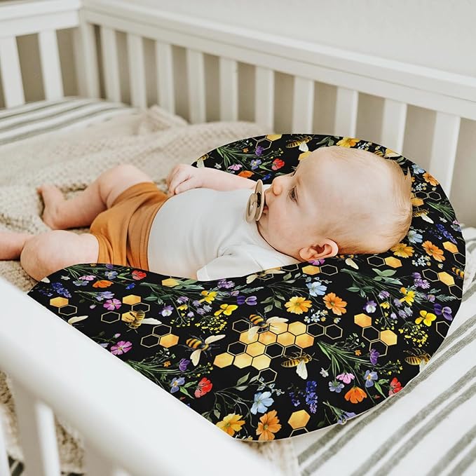 Boho Wildflower Bees Honeycomb Baby Nursing Pillow Covers for Boy Girl Watercolor Honeybee Floral Nursing Slipcovers for Breastfeeding Pillows Summer Soft Stretchy Removable Cover for Newborn Infant