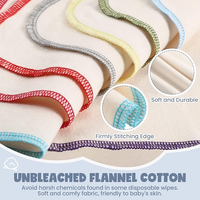 Zopeal 64 Pcs Flannel Cloth Baby Wipes Reusable Dispenser Washable Soft Natural Unbleached Baby Face Cloth Wipes 8 Colors Outer Stitching 8 x 8 Inches