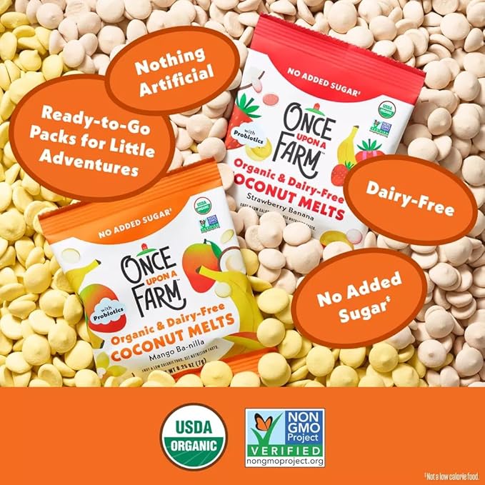 Once Upon A Farm Organic Coconut Melts Variety Pack with Probiotics, Strawberry Banana, Mango Ba-nilla, Dairy Free, Non GMO, Kosher, .25 oz (Pack of 30)