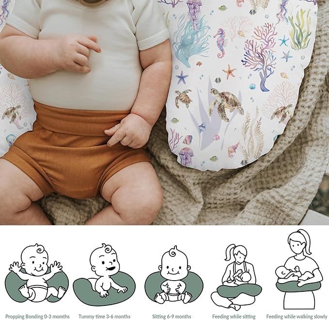Retro Sea Animals Baby Nursing Pillow Covers for Boy Girl Boho Sea Horse Turtle Jellyfish Starfish Coral Nursing Pillowcase for Breastfeeding Pillows Ocean Marine Soft Stretchy Slipcovers for Newborn