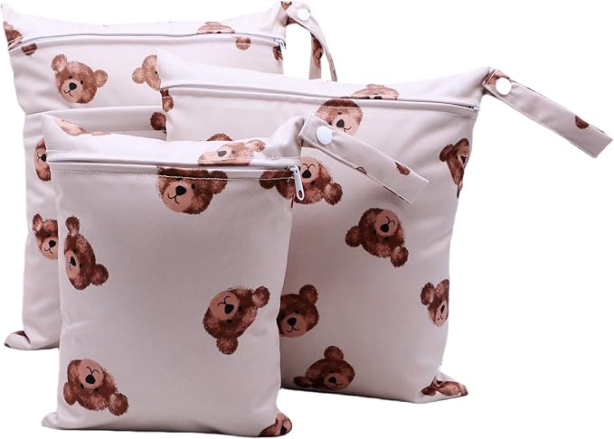 3pcs Cloth Diaper Wet Dry Bags Waterproof Reusable with Two Zippered Pockets Travel Beach Pool Daycare Soiled Baby Items Yoga Gym Bag for Swimsuits or Wet Clothes (3036-3-bear)