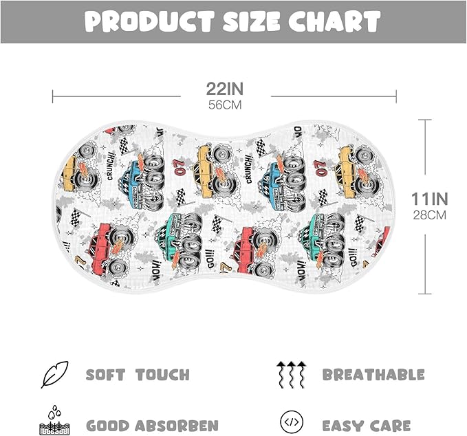 Muslin Burp Cloths for Baby Boys and Girls - 2-Pack Ultra Absorbent Monster Trucks Muslin Washcloths, Newborn Towel, Milk Spit Up Rags, Burp Cloth Bibs for Unisex, 22 x 11 Inch
