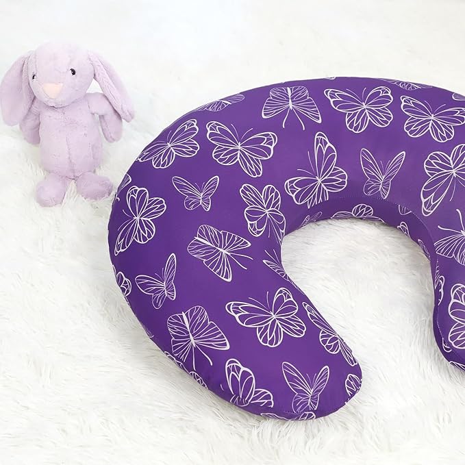 Nursing Pillow Cover, Breastfeeding Pillow Cover for Baby Girls Boys, Soft Stretchy Nursing Pillowcase for Infant Newborn, Removable Slipcover for Nursing Pillows, Purple Butterfly(Only Cover)