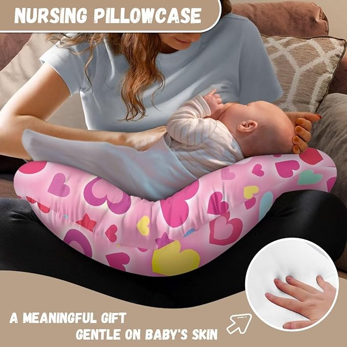 Love Heart Pink Feeding Pillow Cover Cozy Nursing Slipcover Soft Breastfeeding Pillow Slipcover Skin-Friendly U-Shaped Hidden Zipper Design