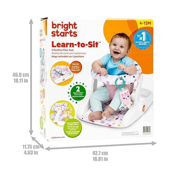 Bright Starts Learn-to-Sit 2-Position Baby Floor Seat with Toys, Pink, 4-12 Months