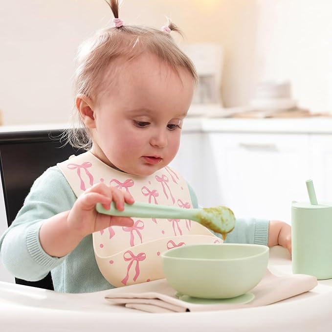 Remerry Silicone Bib for Baby Girls, Pink Waterproof Feeding Bib with Pocket Adjustable Fit for Babies and Toddlers Drooling