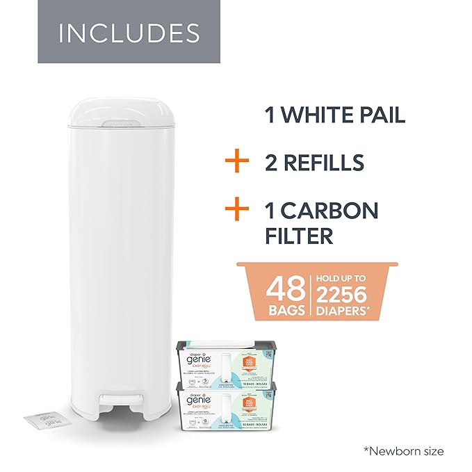 Platinum Diaper Pail Lily White, Made of Durable Stainless Steel, Convenient Easy to Use Hands-Free Operation, Odor-Locking Pail, Includes 2 Easy Roll Refill with 18 and 30 Durable Bags