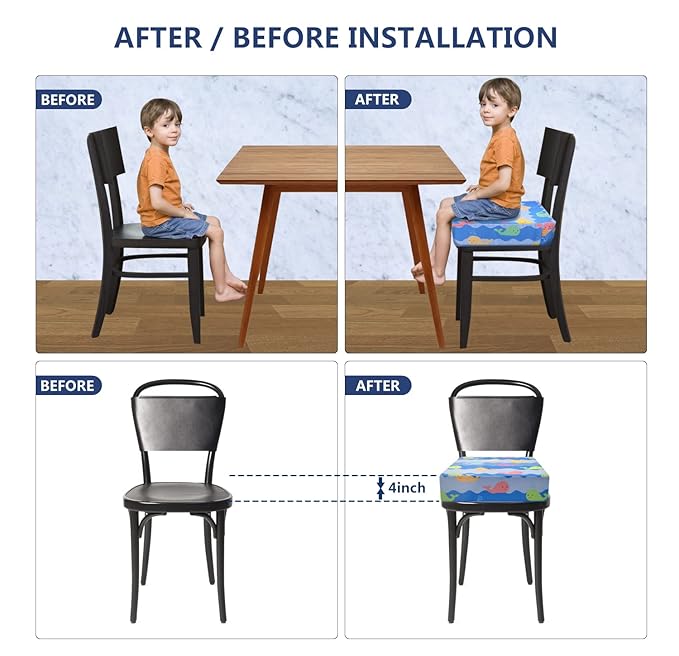 Toddler Booster Seat for Dining Table,4 Inches Washable Double Safer Straps Non-Slip Bottom Booster Seat Dining for Kids, Portable Travel High Density Sponge Detachable Increasing Cushion for Child.