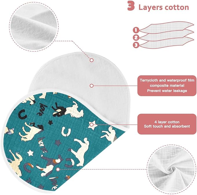 Horse Pattern Star Horseshoes Letter Muslin Burp Cloths for Baby 4 Pack 100% Cotton Baby Washcloths Bibs for Boy Girl
