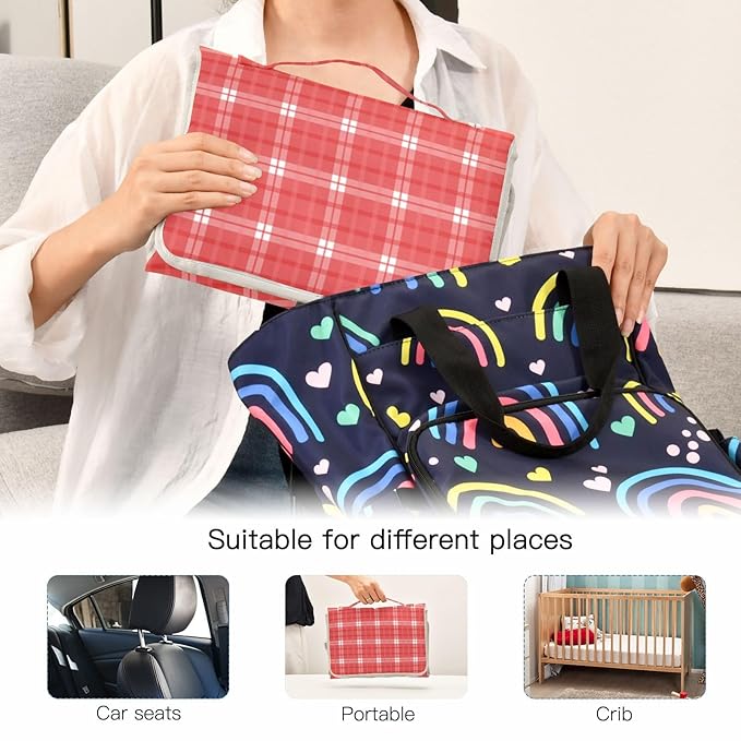Portable Diaper Changing Pad Travel Baby Changing Mat Waterproof Diaper Changing Mat Foldable Lightweight Baby Changer with Built-in Pillow Checkered Plaid Red