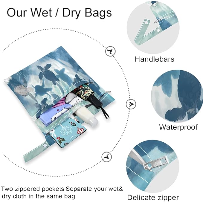 visesunny Sea Turtle in Blue 2Pcs Wet Bag with Zippered Pockets Washable Reusable Roomy for Travel,Beach,Pool,Daycare,Stroller,Diapers,Dirty Gym Clothes, Wet Swimsuits, Toiletries