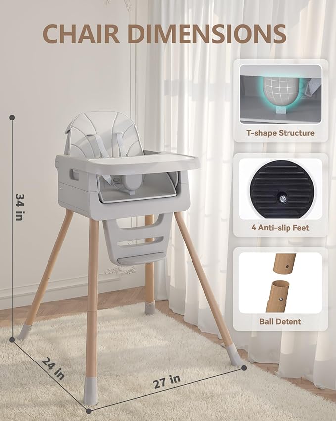 Baby High Chair for 6 Months+, Foldable High Chairs for Babies and Toddlers, Convertible High Chair, Adjustable Tray & Footrest, Portable High Chair & Easy to Clean(Grey with Wood Grain)