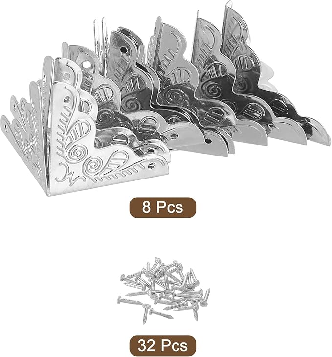 uxcell 8 Pcs Metal Box Corner Protectors 1"x1" Corner Protectors Decorative with Mounting Screws for Storage Box Cabinets Wooden Chest, Silver Tone