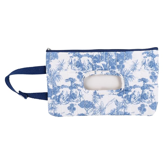 Quilted Baby Wipe Holder, Canvas Floral Quilted Pouch with Hanging Strap, Portable Diaper Wipe Holder for Travel Stroller-Grand Classical Blue