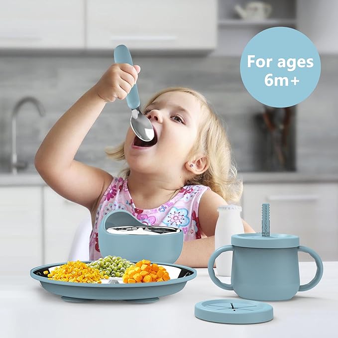 13 Pack Silicone Baby Feeding Set, BPA-Free Stainless Steel Toddler Feeding Supplies, Include Suction Plates, Baby Bowls, Silicone Fork & Spoon, and More, First Stage Baby Dish Set - 6+ Months