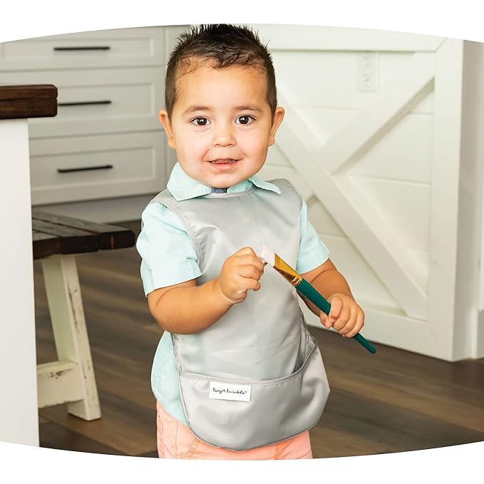 Tiny Twinkle Mess Proof Baby Bibs | 2 Pack Waterproof Toddler Bib for Eating | Baby Apron for Feeding, Machine Washable, Perfect Shower Gift (Grey Indigo, 6–24M)