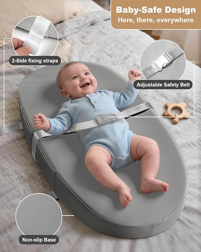 Baby Changing Pad with Waterproof & Wipeable PU Cover, Contoured Diaper Changing Pads for Dresser with Non-Slip Safety Belt, Portable Lightweight Changing Mat, Gray
