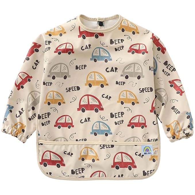 ARI MES Waterproof Long Sleeve Baby Bib for Eating-Cars Pattern, Medium-Toddler Smock with Catch-All Pocket, BPA Free, Machine Washable, Wearable Feeding Bib for Boys & Girls 6-72 Months