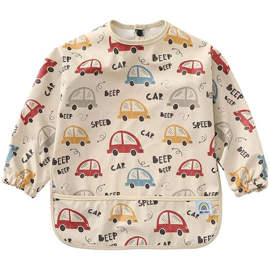 ARI MES Waterproof Long Sleeve Baby Bib for Eating-Cars Pattern, Medium-Toddler Smock with Catch-All Pocket, BPA Free, Machine Washable, Wearable Feeding Bib for Boys & Girls 6-72 Months