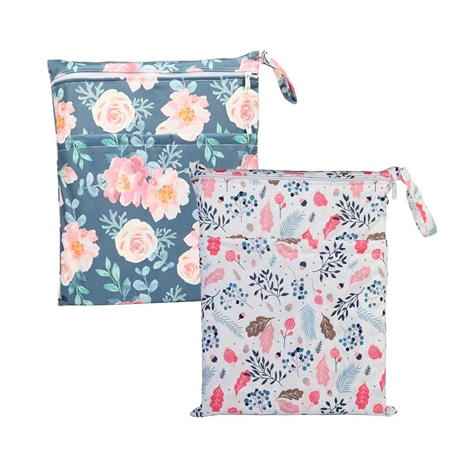 2 Wet Bags Diaper Bags With Two Zippered Pockets Reusable (Pink Foliage and Floral)