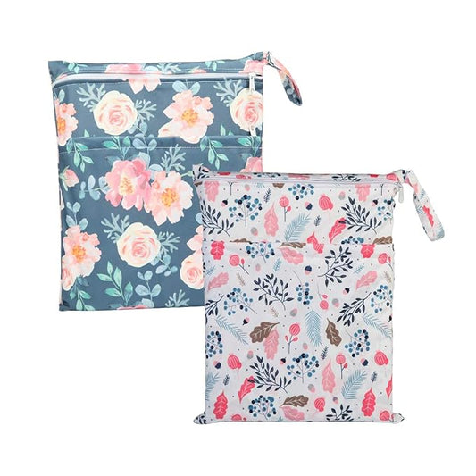 2 Wet Bags Diaper Bags With Two Zippered Pockets Reusable (Pink Foliage and Floral)
