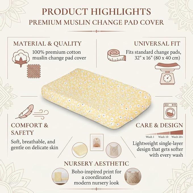 Lulujo Muslin Change Pad Cover - Fitted Changing Pad Cover for Boys and Girls -32"x17", 1 Pack (Yellow Wildflowers)