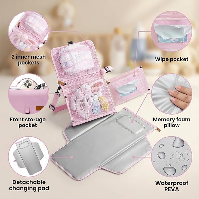 UBRAVOO Portable Diaper Changing Pad - Baby Diaper Changer Travel Bag with Wipes Pocket, Smart Design Portable Changing Mat, Infant Travel Station Kit, Gift for Newborn Girl & Boy (Pink)