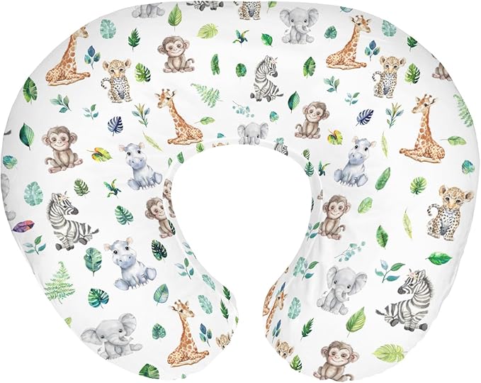Tropical Safari Jungle Animals Green Leaves Baby Nursing Pillow Covers for Boy Girl Elephant Leopard Giraffe Hippo Nursery Pillowcase for Breastfeeding Pillows Soft Stretchy Slipcovers for Newborn