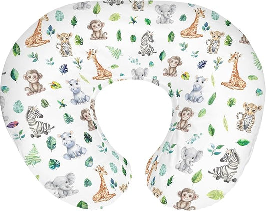 Tropical Safari Jungle Animals Green Leaves Baby Nursing Pillow Covers for Boy Girl Elephant Leopard Giraffe Hippo Nursery Pillowcase for Breastfeeding Pillows Soft Stretchy Slipcovers for Newborn