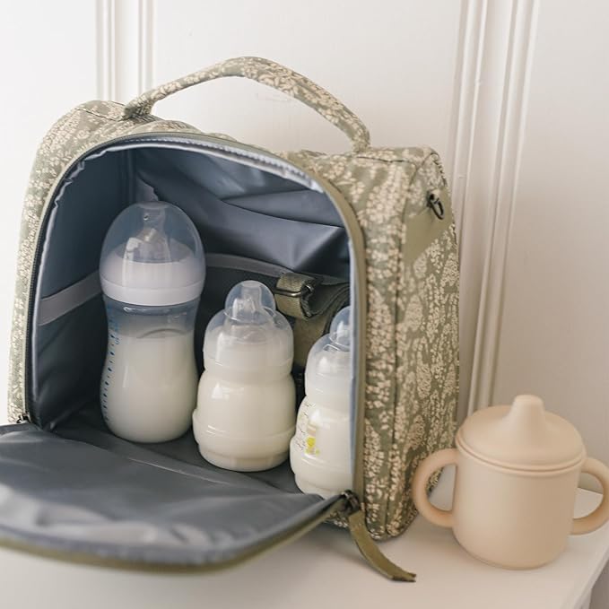 JuJuBe Insulated Bottle Bag, Breastmilk Cooler Bag Fits 3 Baby Bottles, Storage Tote for Nursing Mom, Daycare & Travel, Lunch Bag w/Handle & Shoulder Strap (Paisley Floral)