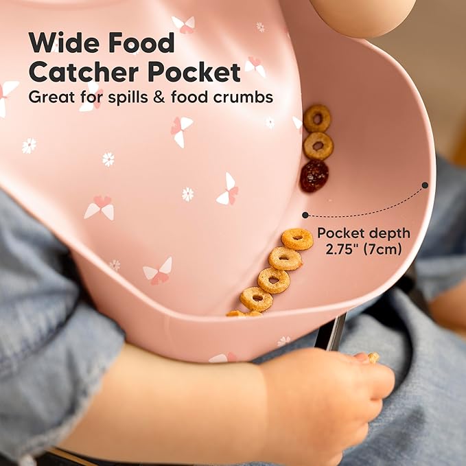 KeaBabies 2-Pack Silicone Bibs for Babies, Toddlers Girl, Boy – Sturdy Food-Grade Baby Bibs for Eating, Large Food Catcher, Clean & Put On Easily, Waterproof Toddler Feeding Essentials (Butterflies)
