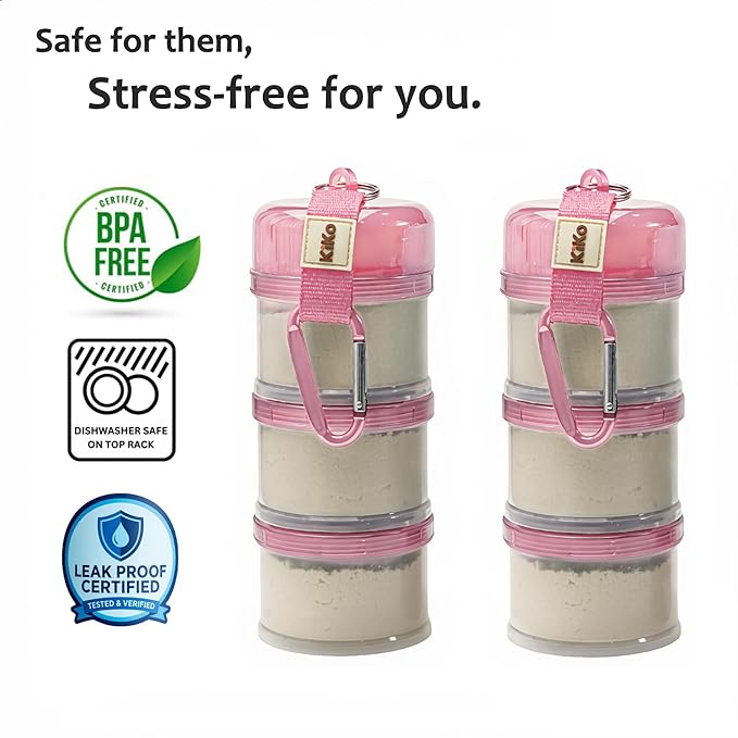 Formula Container to Go – Baby Essentials, Stackable Formula Dispenser for Night Feedings, Snacks and More – 2 Pack, by KiKo (Pink)